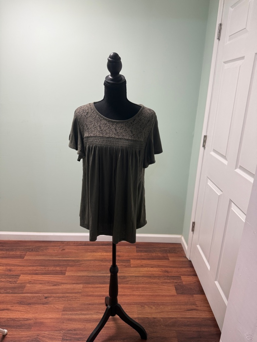 new directions Olive Lace Yoke Flutter Sleeve Top